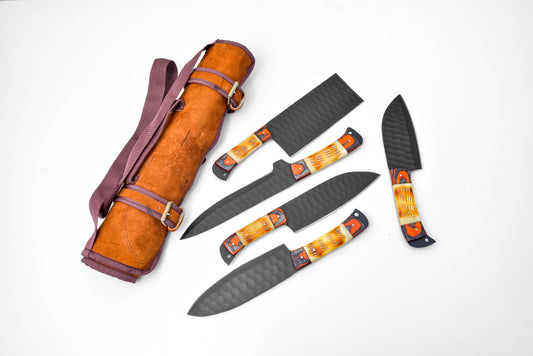 5-Piece  Knife Set / With Leather carry Bag Burnt Bone